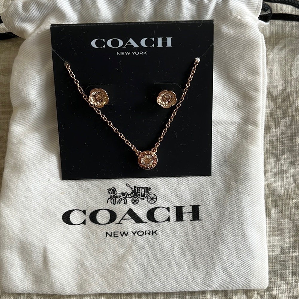 Coach Necklace & Earrings Set Rose Gold